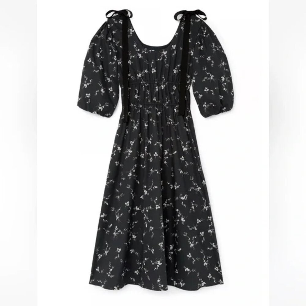 G Goop Label Black Floral Beverly Midi Dress with Bows - Size 6